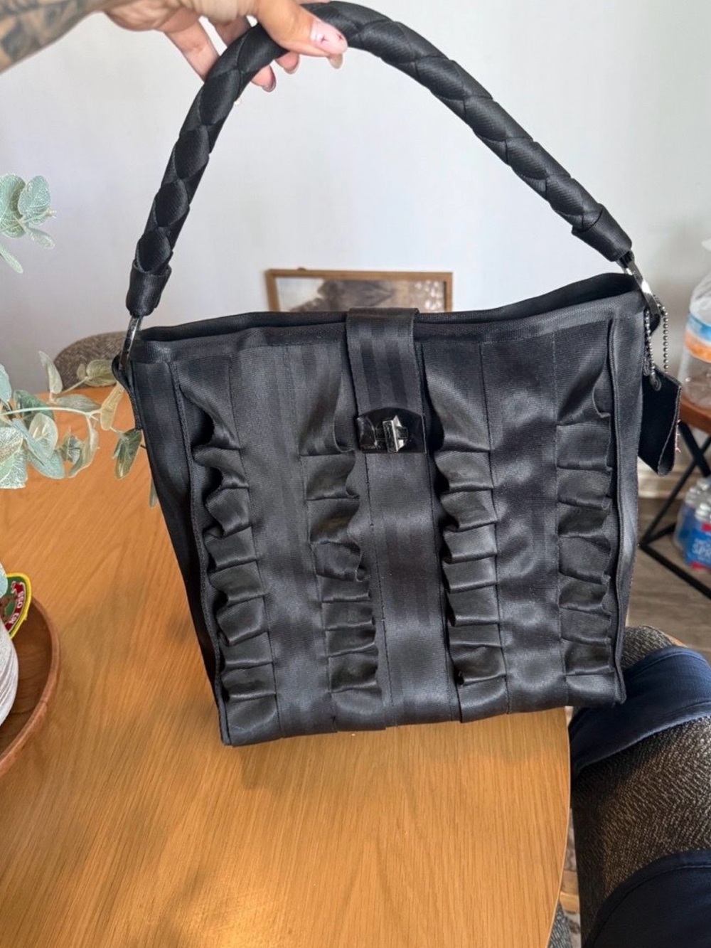 Harveys Black Satin Ruffle Shoulder Bag with Braided Handle